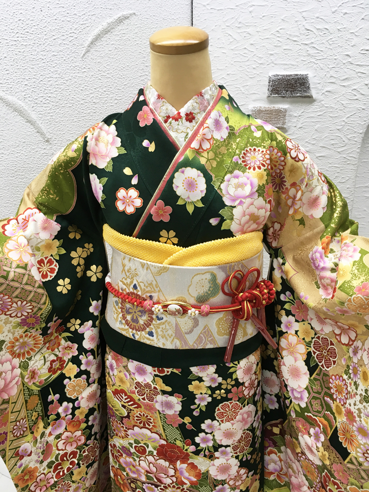 型染め京友禅振袖【金箔煌めく⭐豪華絢爛吉祥花】金駒刺繍 深緑 ダーク 